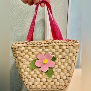 Hand-Woven Wicker Bag for Girls with Pink Flower Accent and Pink Fabric Lining